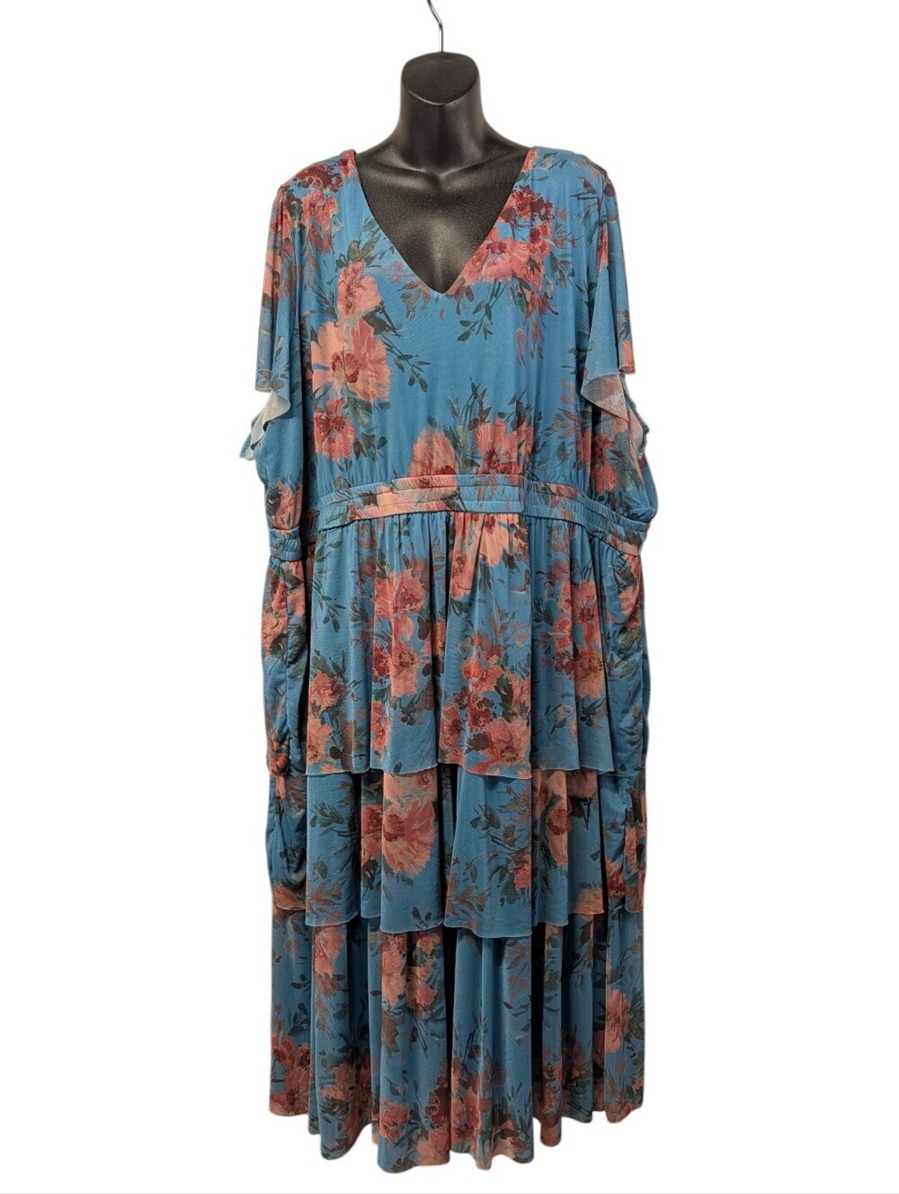 Maurices 4X Teal Blue Floral Tiered Maxi Dress Flutter Sleeve V-Neck Boho NWT